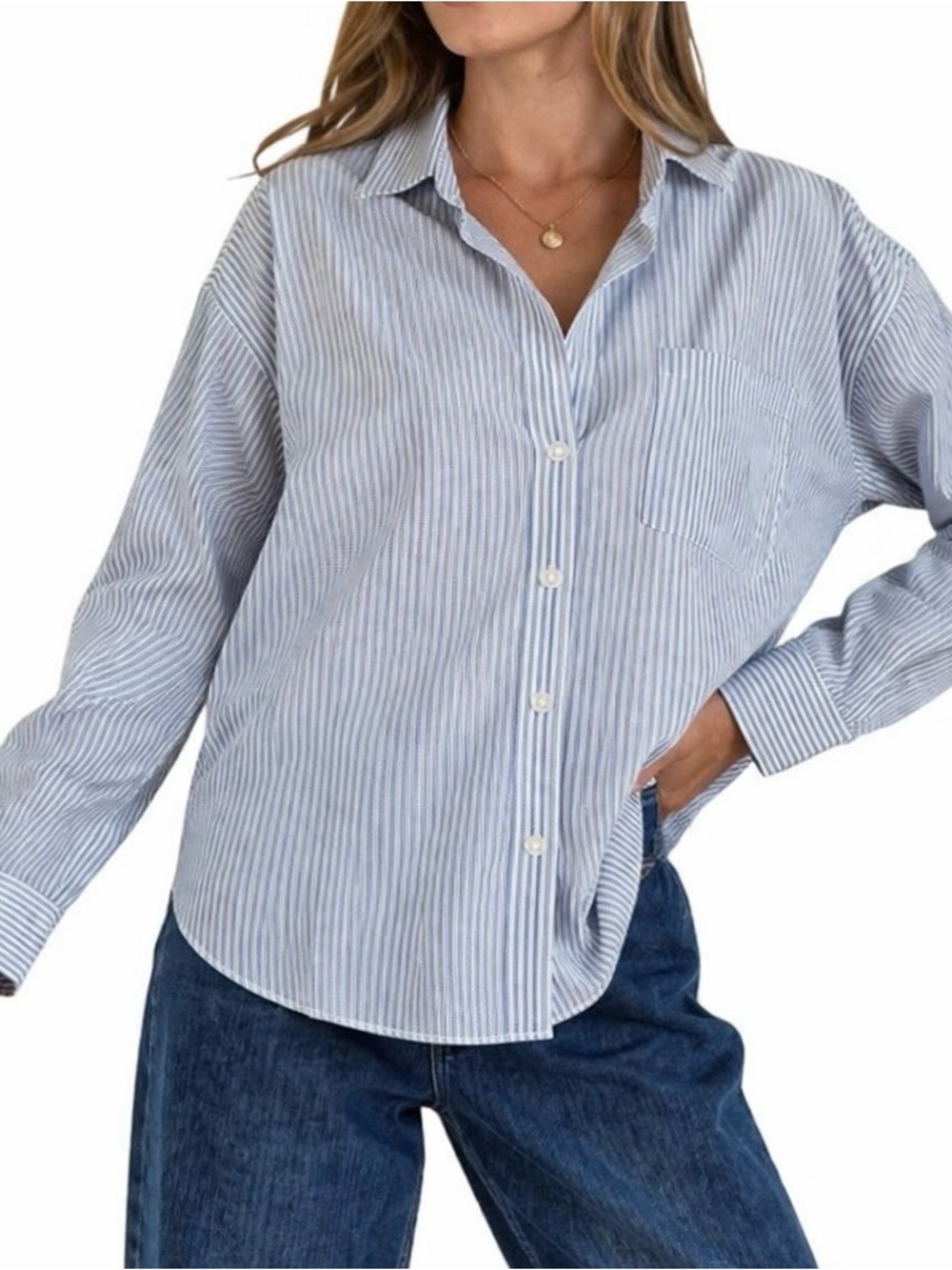 🆕 Eddie Bauer Shirt Crinkle Cotton Button up White Pale Blue Pinstripe 2XL